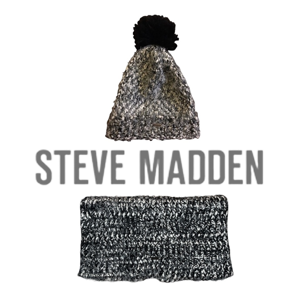 Steve Madden Eyelash Knit Tweed Infinite Scarf Neck Warmer & Fur Pom Beanie Hat